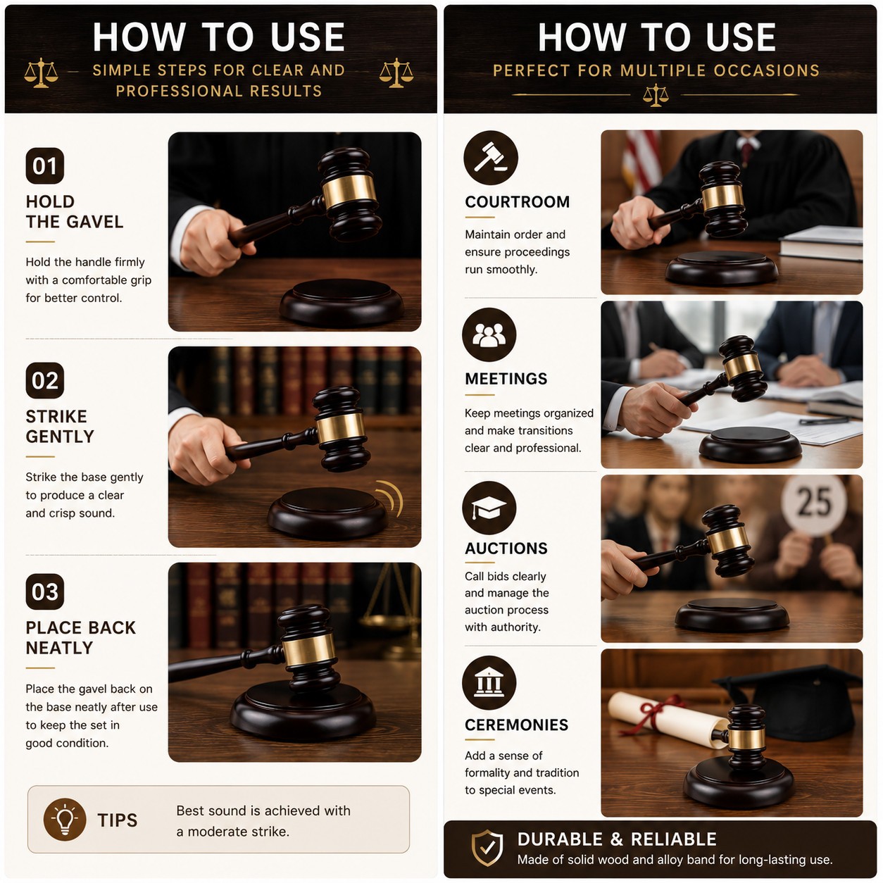Solid Wood Courtroom Gavel and Block Set for Judge Auction Meeting Ceremony