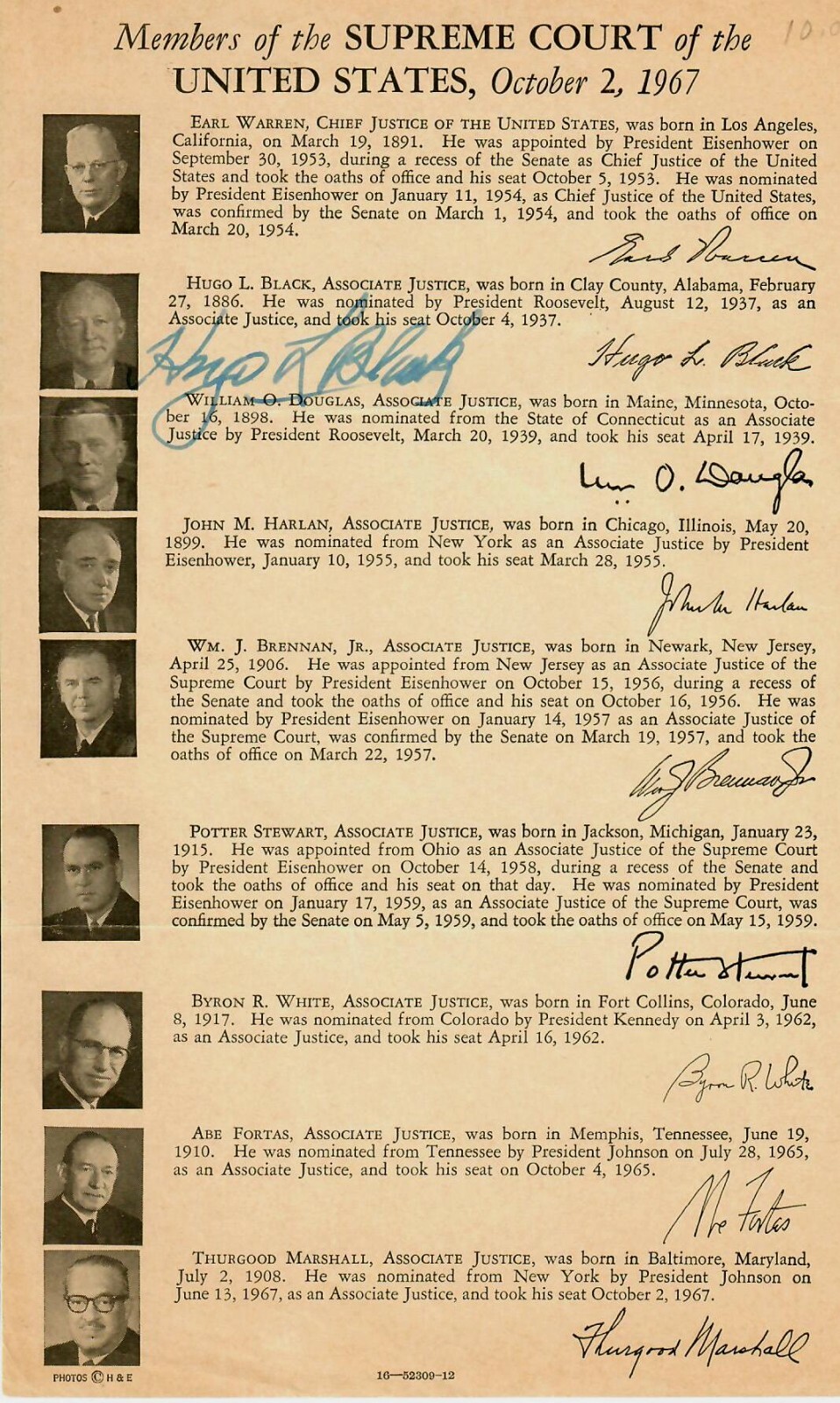 «Supreme Court Justice» Hugo Black Hand Signed Court Biography Sheet COA