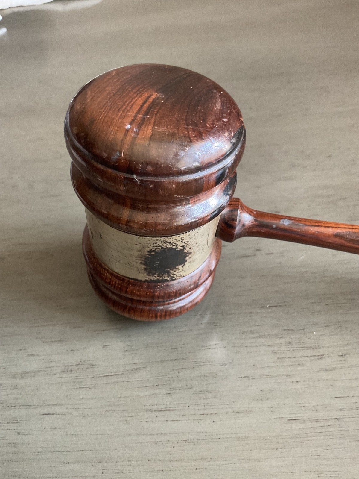 Vintage Wooden Gavel 10 3/4” Long w metal band