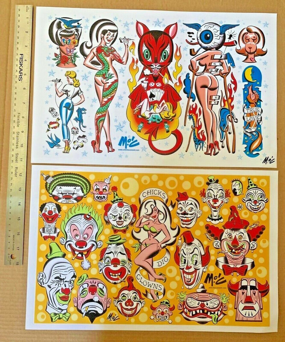 SIGNED TATTOO FLASH Mitch O’Connell 13 SIGNED prints plus promo material PIN-UP