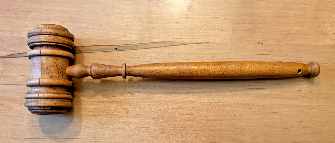 Vintage 12 Inch Wooden Gavel Auctioneer Mallet w/ Hole for Hanging on Wall