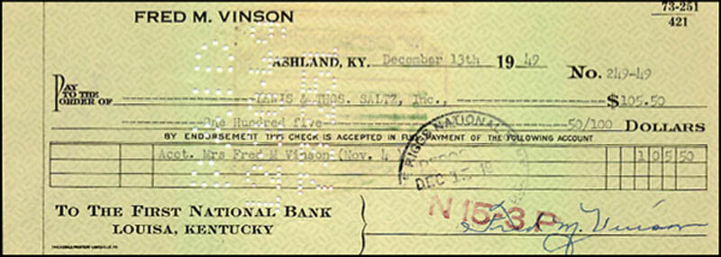 FRED M. VINSON – CHECK SIGNED 12/13/1949