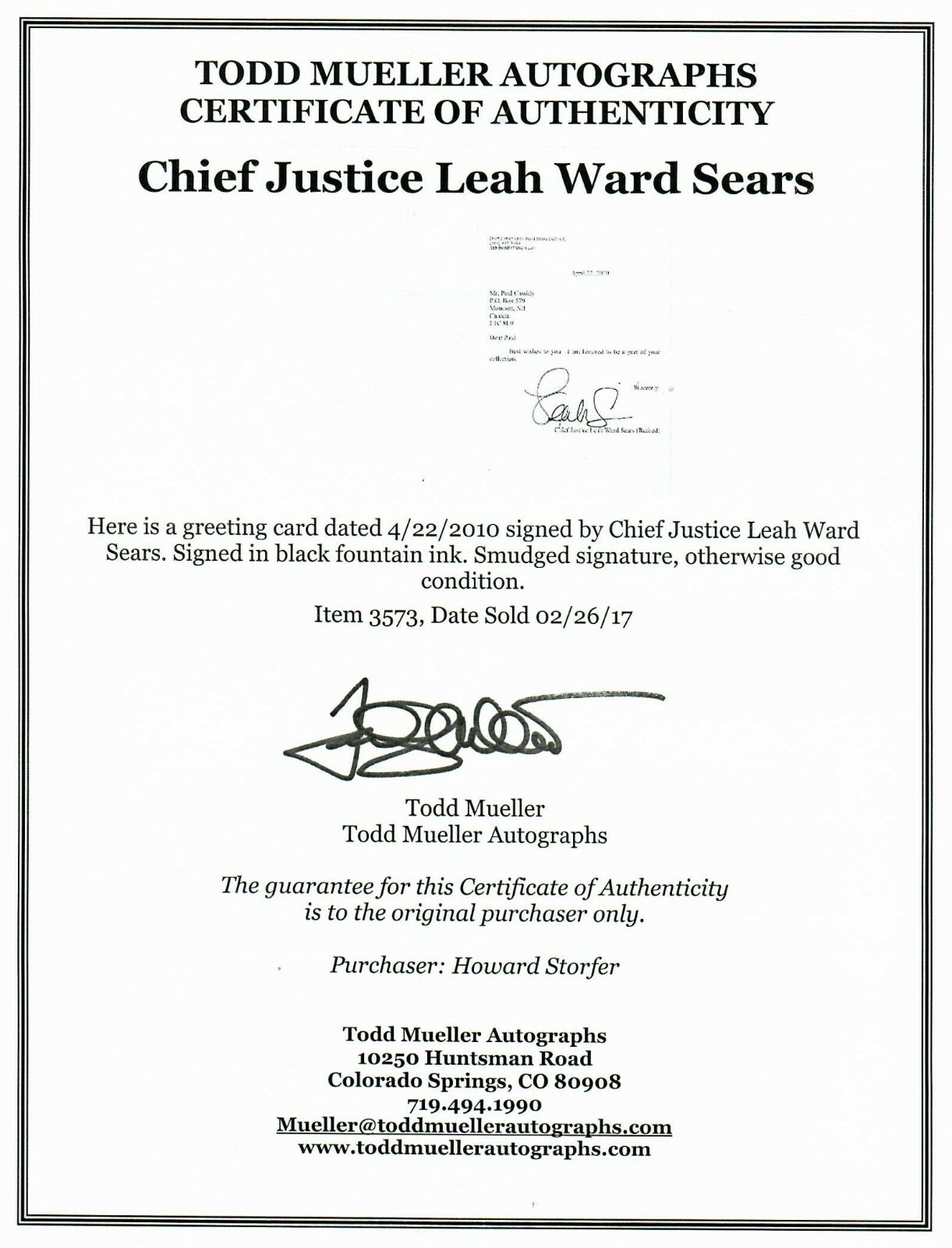 «1st Woman on the Georgia Supreme Court» Leah Ward Sears Hand Signed Card COA
