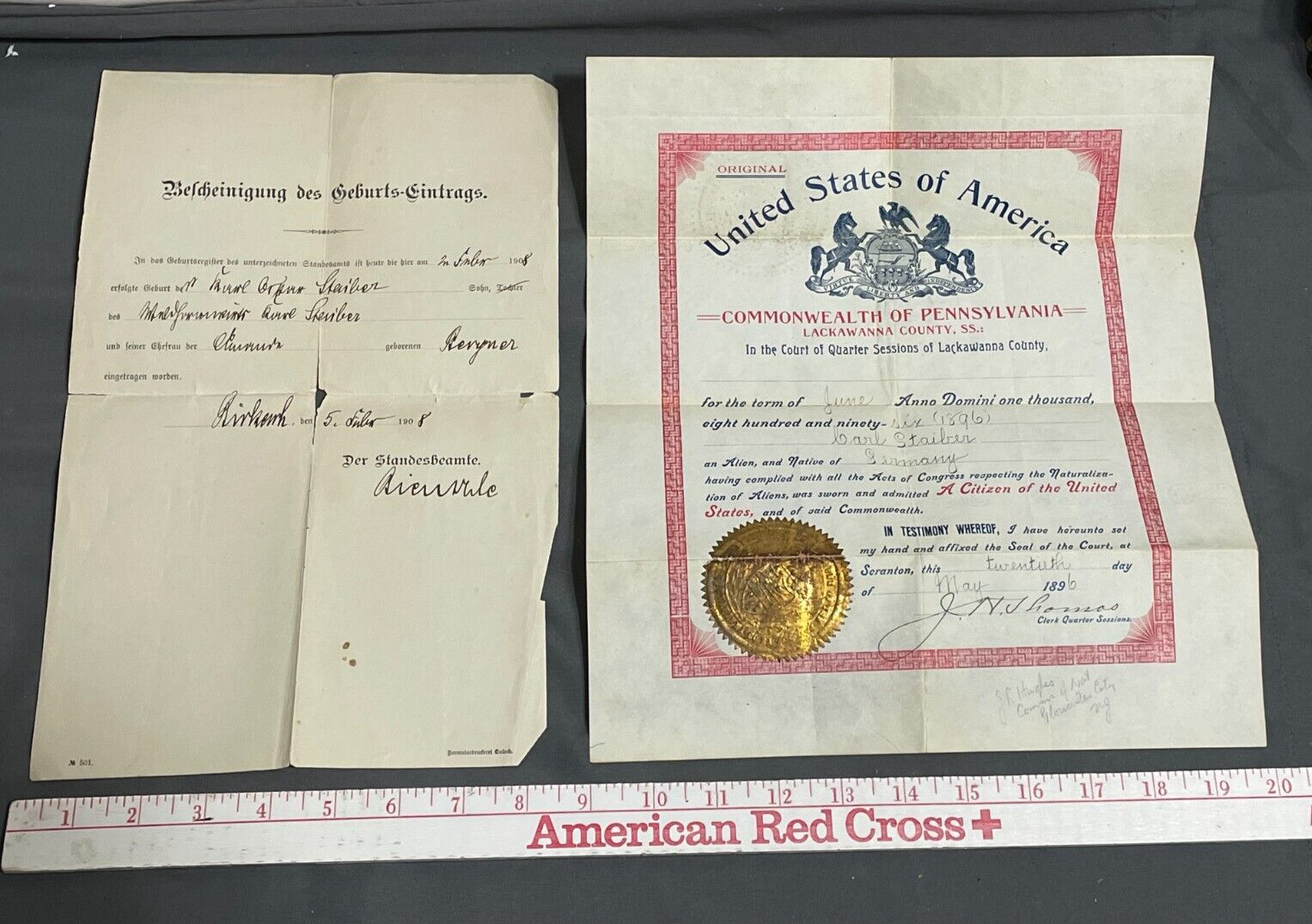 1896 Pennsylvania UNITED STATES CITIZENSHIP Certificate Document ORIGINAL German