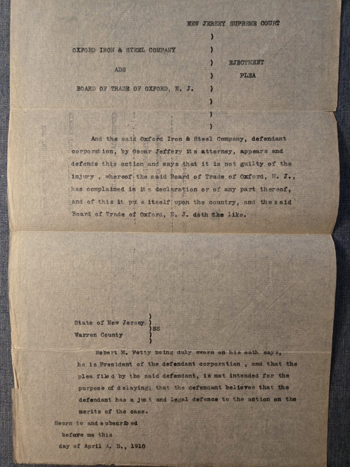 Oxford Board Trade vs Oxford Iron Steel Co 1910s Deed Dispute Supreme Court NJ
