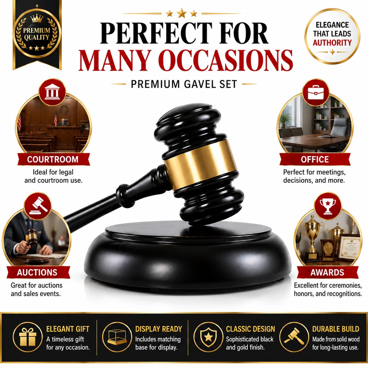 Premium Wooden Gavel Set with Matching Base, Black Gold Courtroom Decor Gift