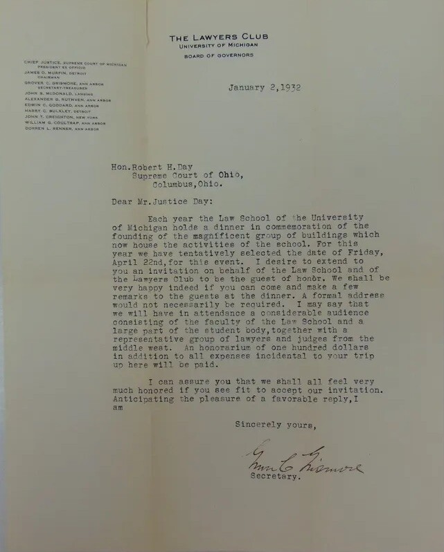 RARE! “Ohio Supreme Court» Justice Robert Day Invitation Dated 1932