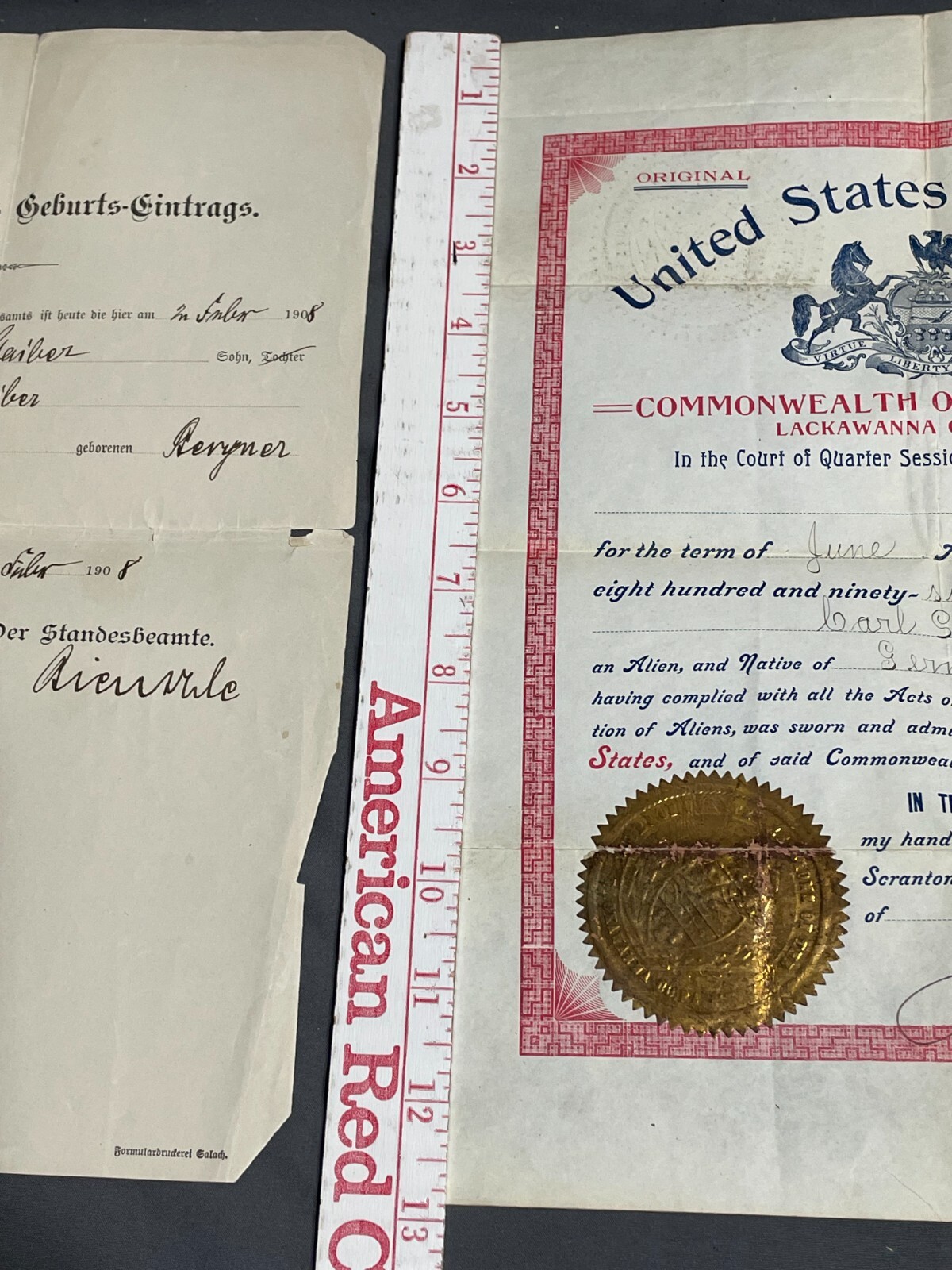 1896 Pennsylvania UNITED STATES CITIZENSHIP Certificate Document ORIGINAL German