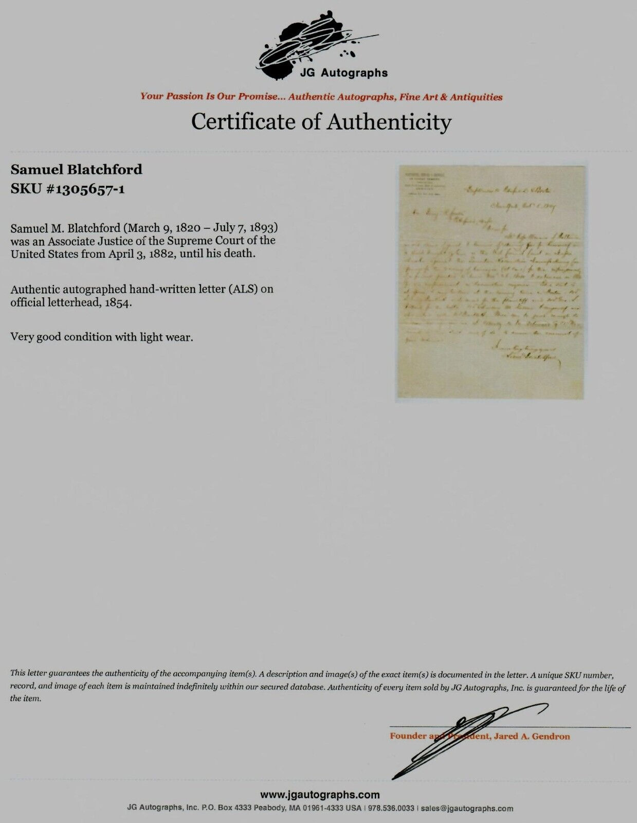 «19th Century Supreme Court Justice» Samuel Blatchford Hand Written Letter COA