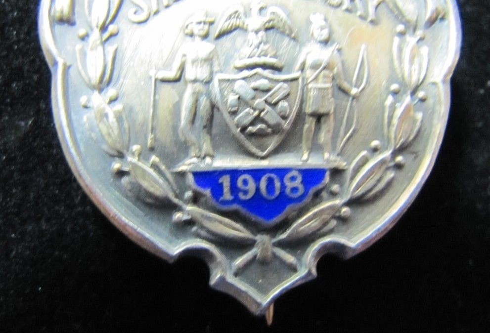 1908 SHERRIF’S JURY Sterling Silver White Blue Enamel Pinback Medallion Pin