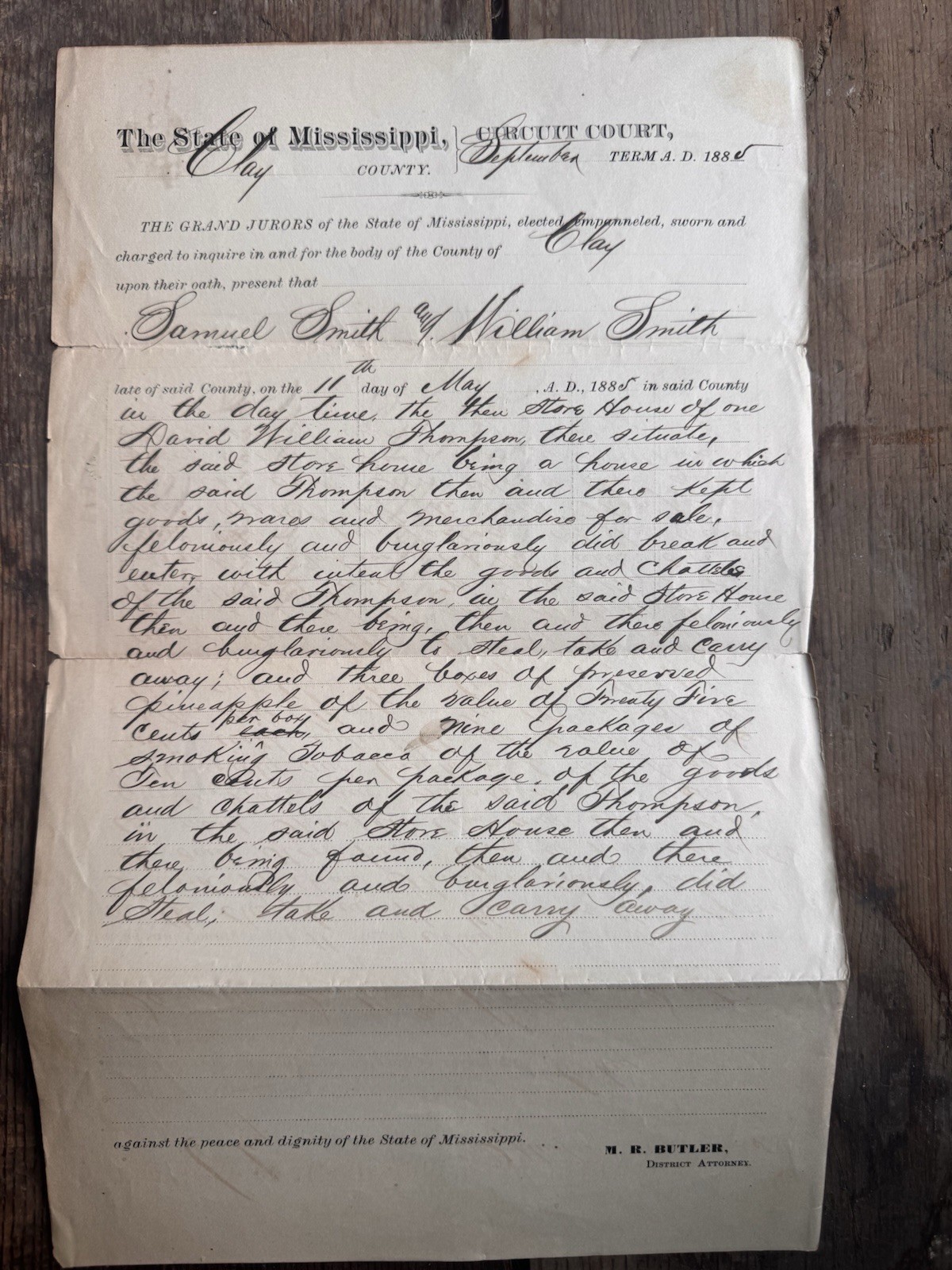 1885 Mississippi Circuit Court Indictment | Grand Jury Burglary Case | Original