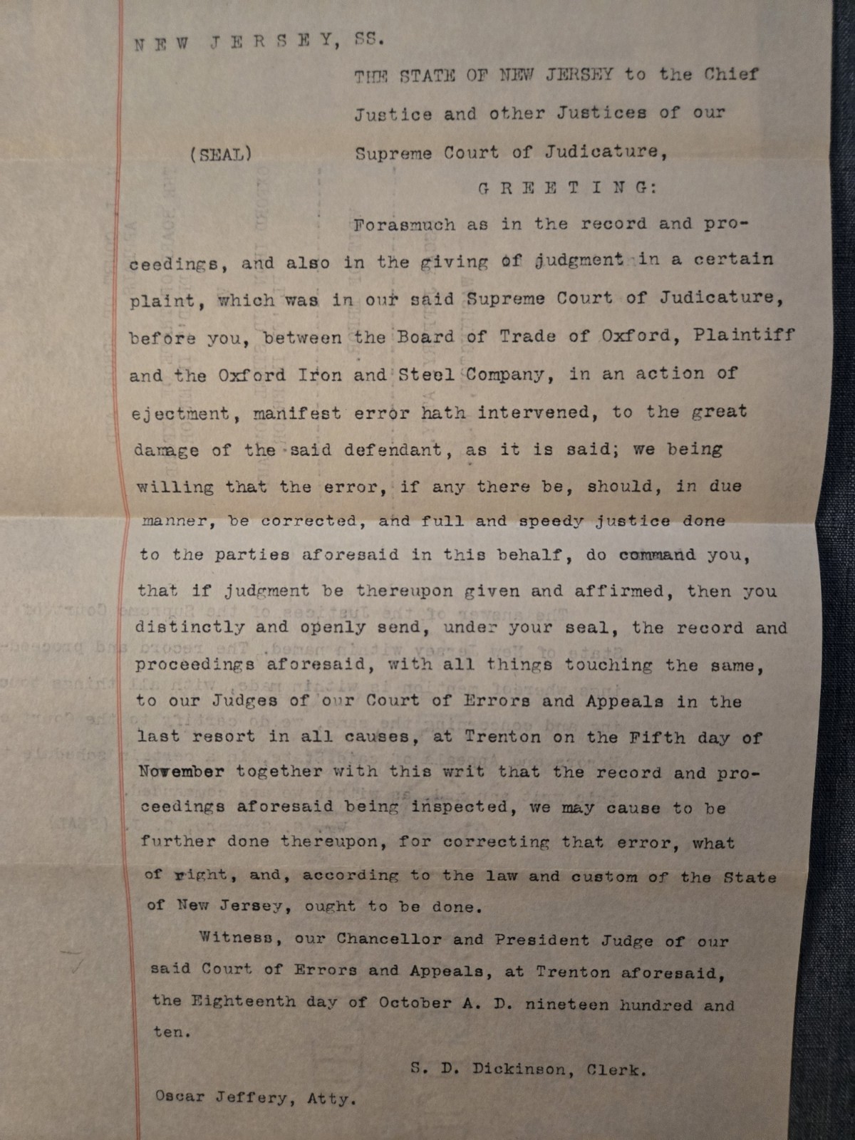 Oxford Board Trade vs Oxford Iron Steel Co 1910s Deed Dispute Supreme Court NJ