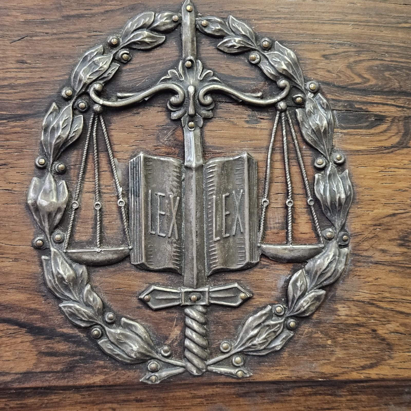 Reclaimed Antique LEX Judge Legal Law Justice Scales Box Lid Wood Silverplate
