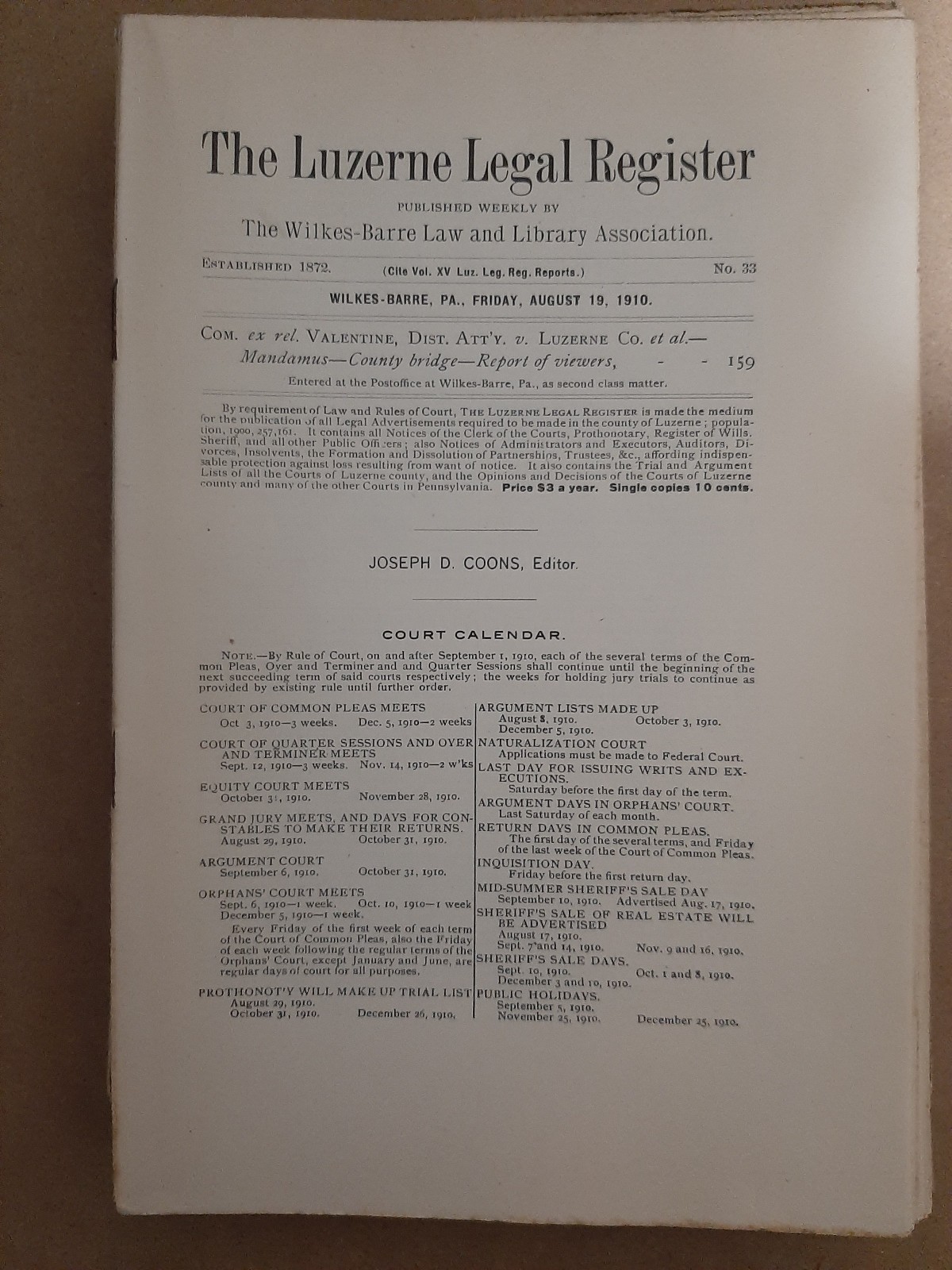 LEGAL REGISTER – Luzerne Co. Pennsylvania – 1910 – PA – 22 ISSUES – Wilkes Barre
