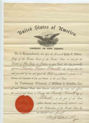 1877 United States of America District of New Jersey Certificate to Practice Law