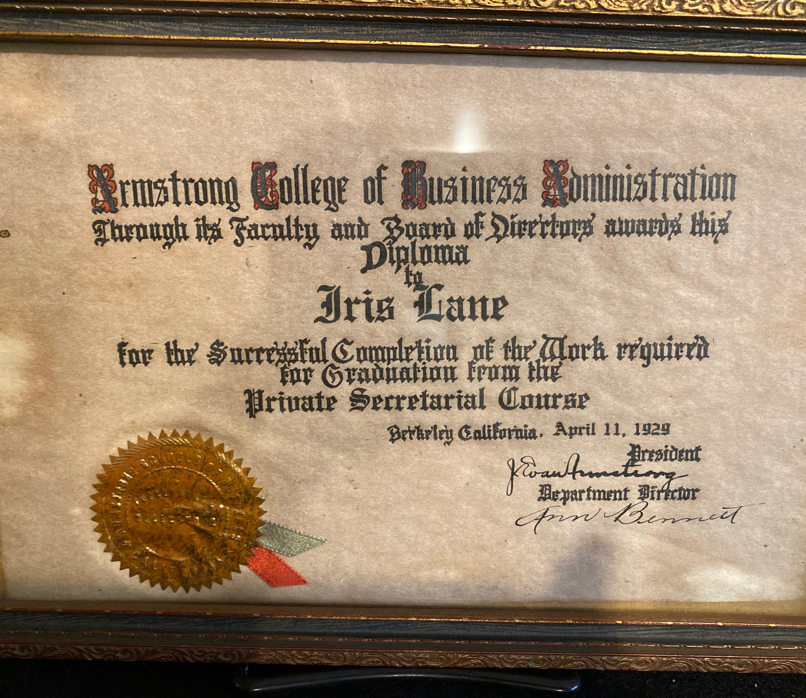 Antique Armstrong College Diploma Seal Signed Original Gold Framed Calligraphy