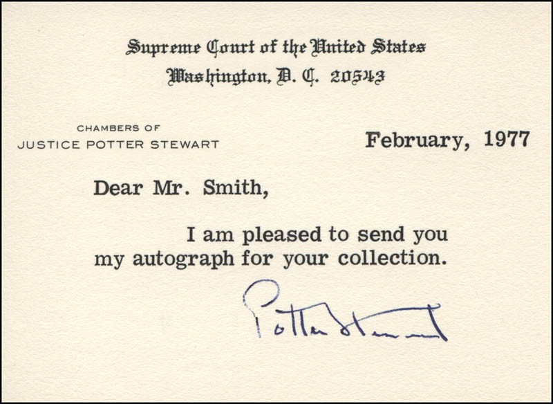 POTTER STEWART – AUTOGRAPH NOTE SIGNED