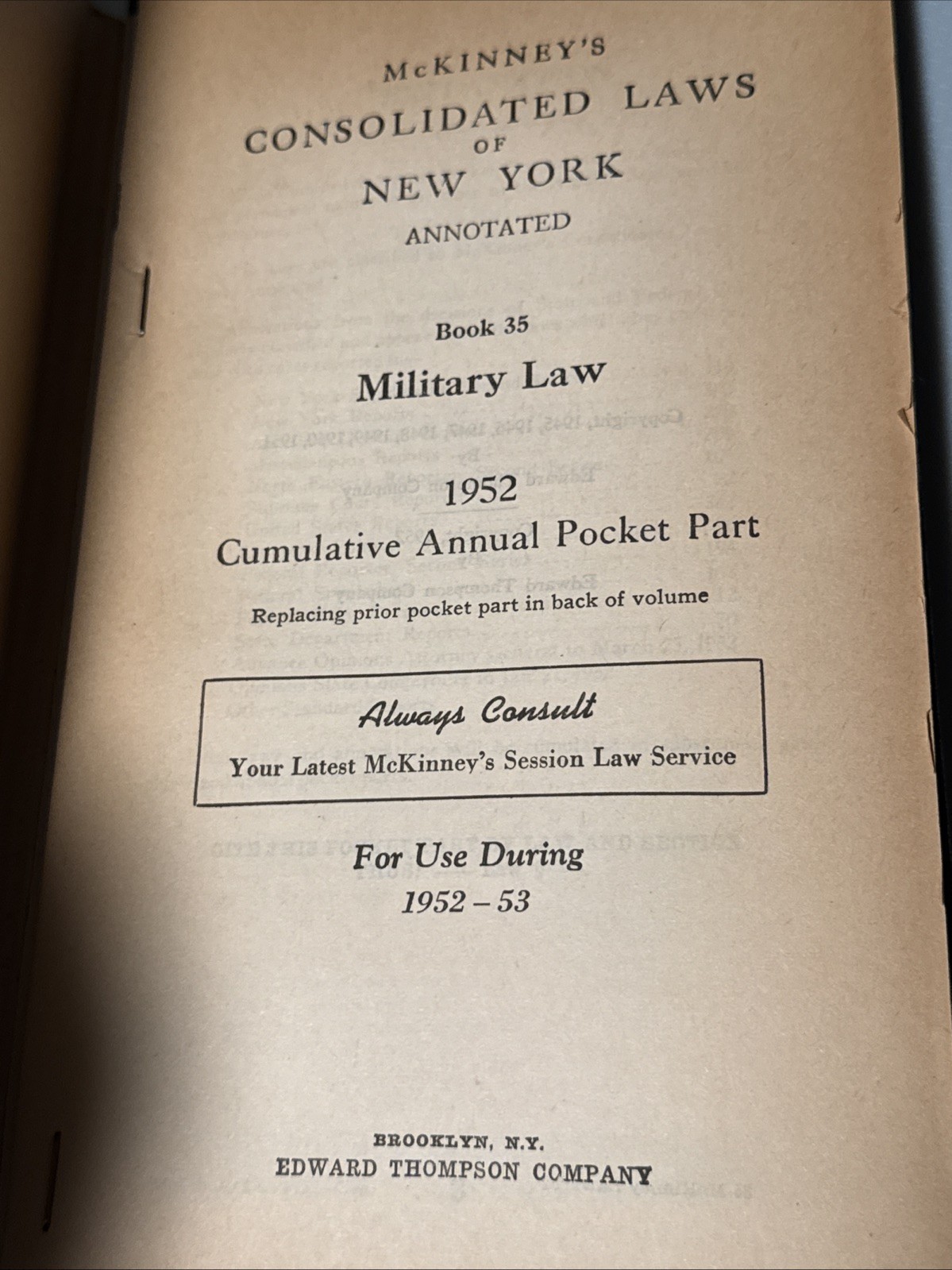 VINTAGE 1944McKINNEY’S CONSOLIDATED LAWS OF NEW YORK SC BOOK Book #35 Military
