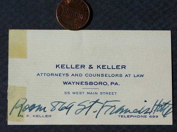 1930-40s Era Waynesboro Pennsylvania Keller & Keller TV Lawyers business card —