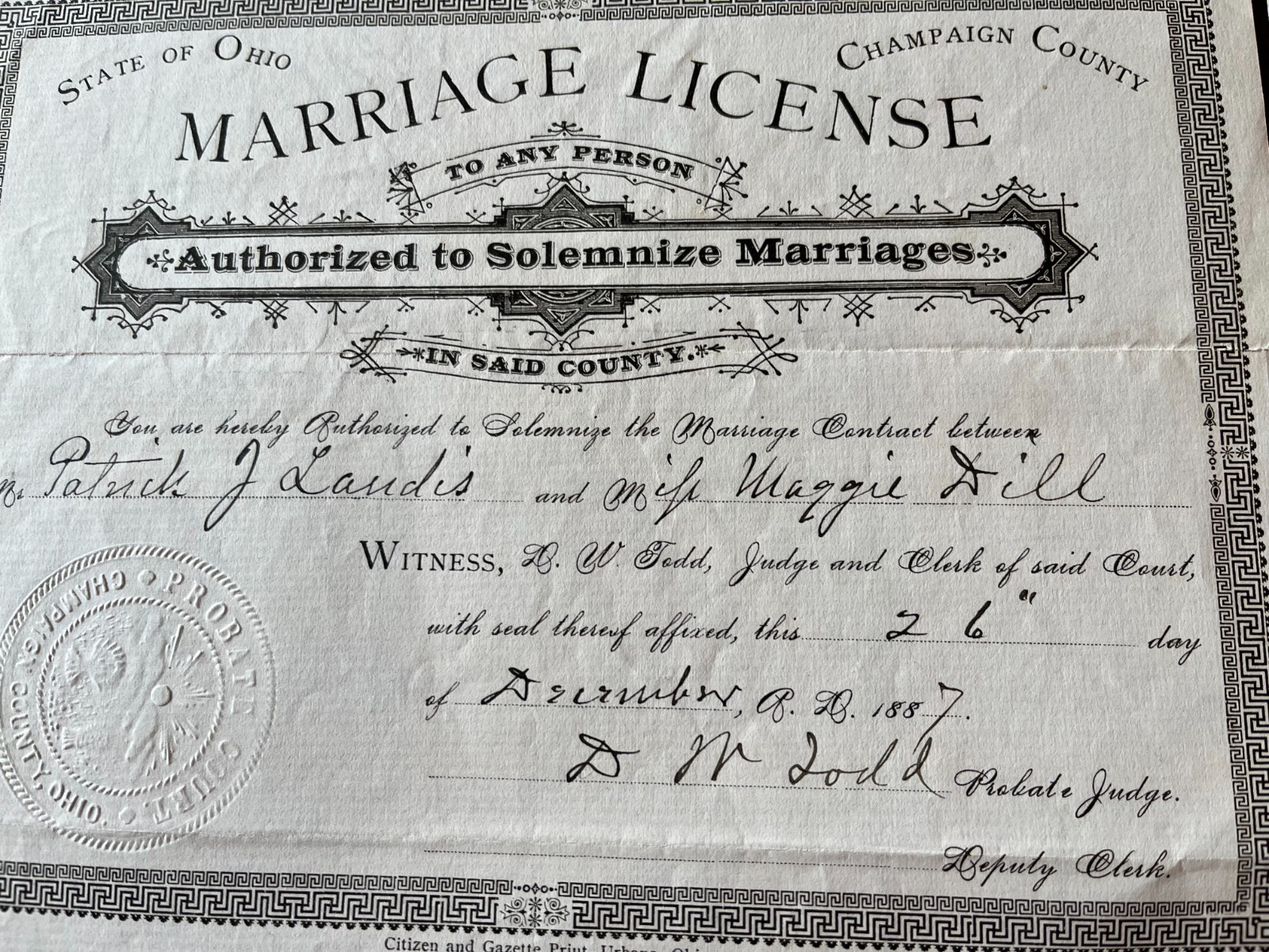 Lot of 4 Antique Marriage Licenses Champaign County Ohio Dated 1887-1889