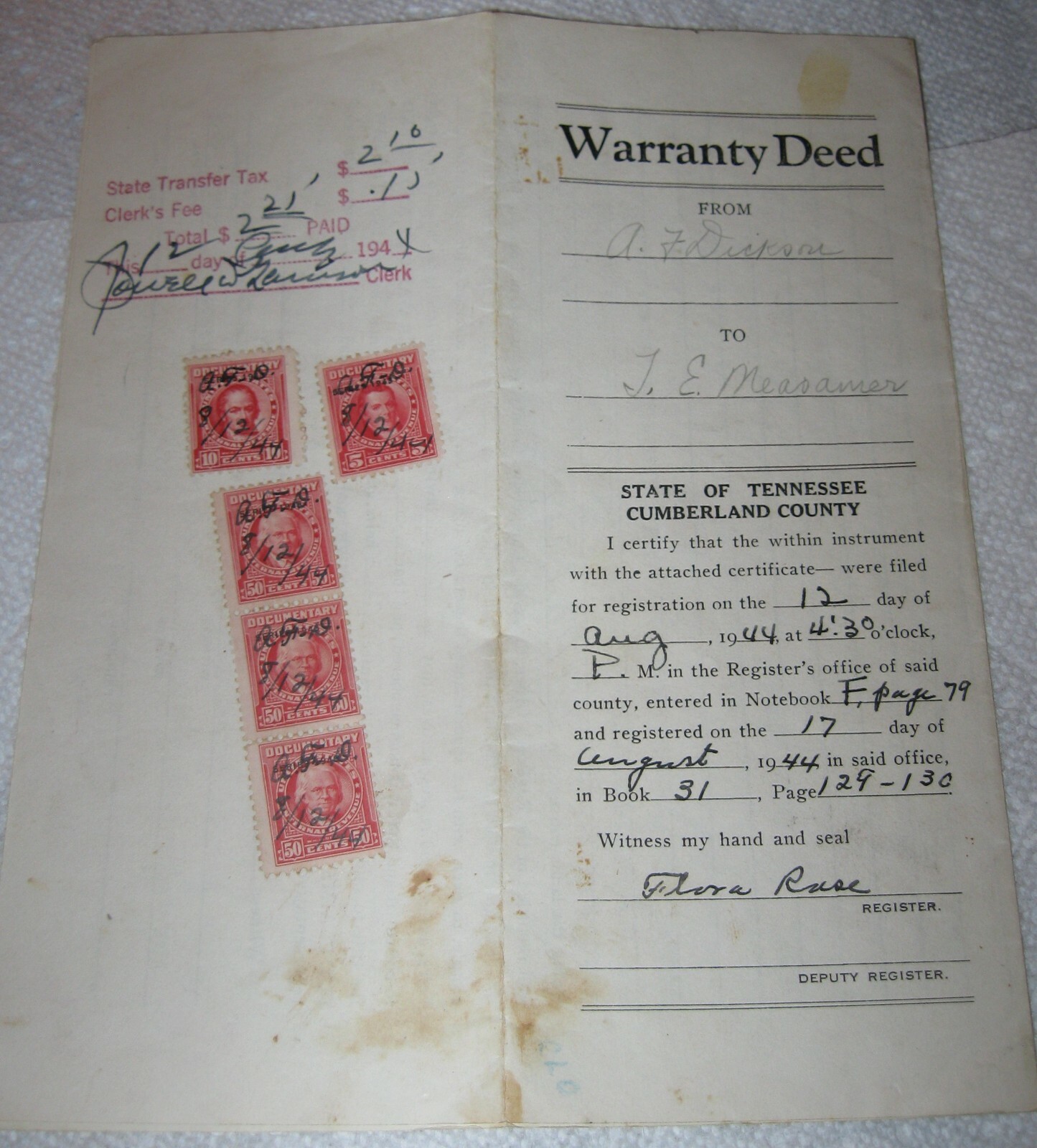 Cumberland County, Tennessee, Warranty Deed, 1944, DOCUMENT TAX STAMPS