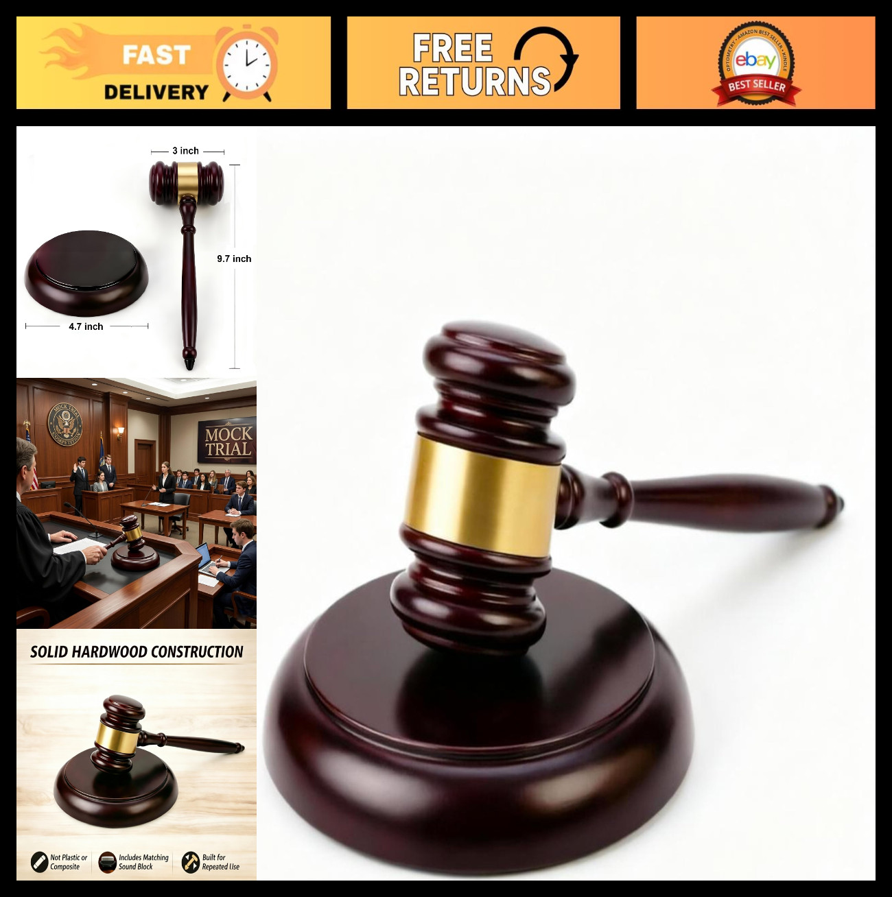 Wooden Gavel & Block Set – Loud Clear Sound for Mock Trials, Meetings, Auctions,