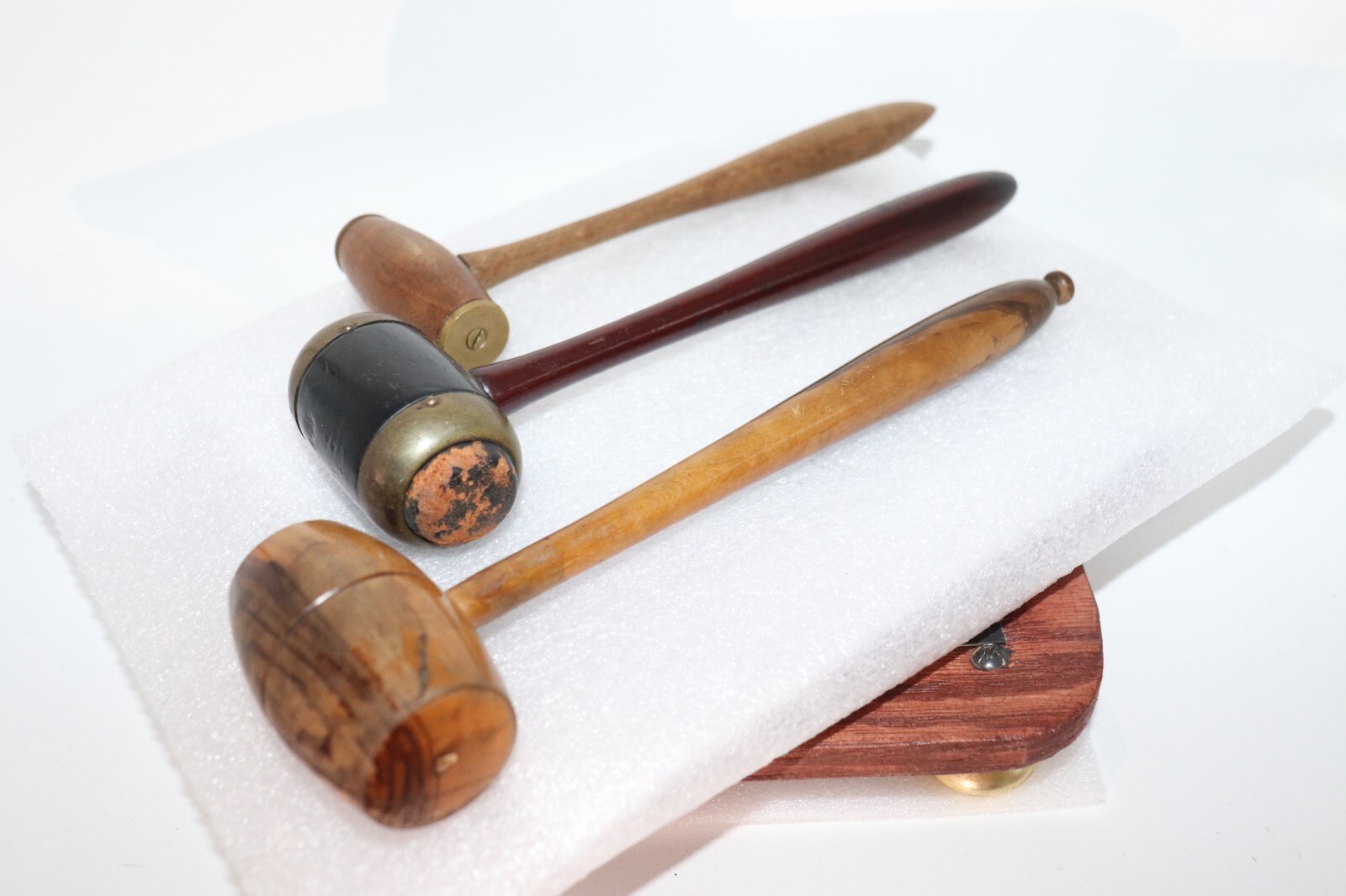 Antique Auctioneers Turned Wood Gavel Lot of 3 Brass, Leather, Wood