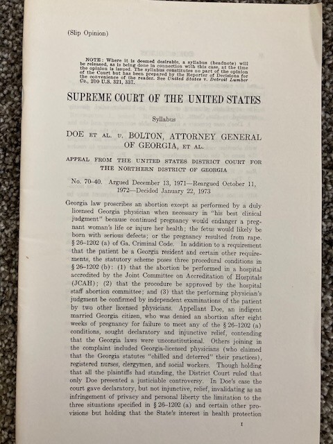 Original 1973 Landmark RARE Slip Opinion ROE v. WADE – Abortion US Supreme Court