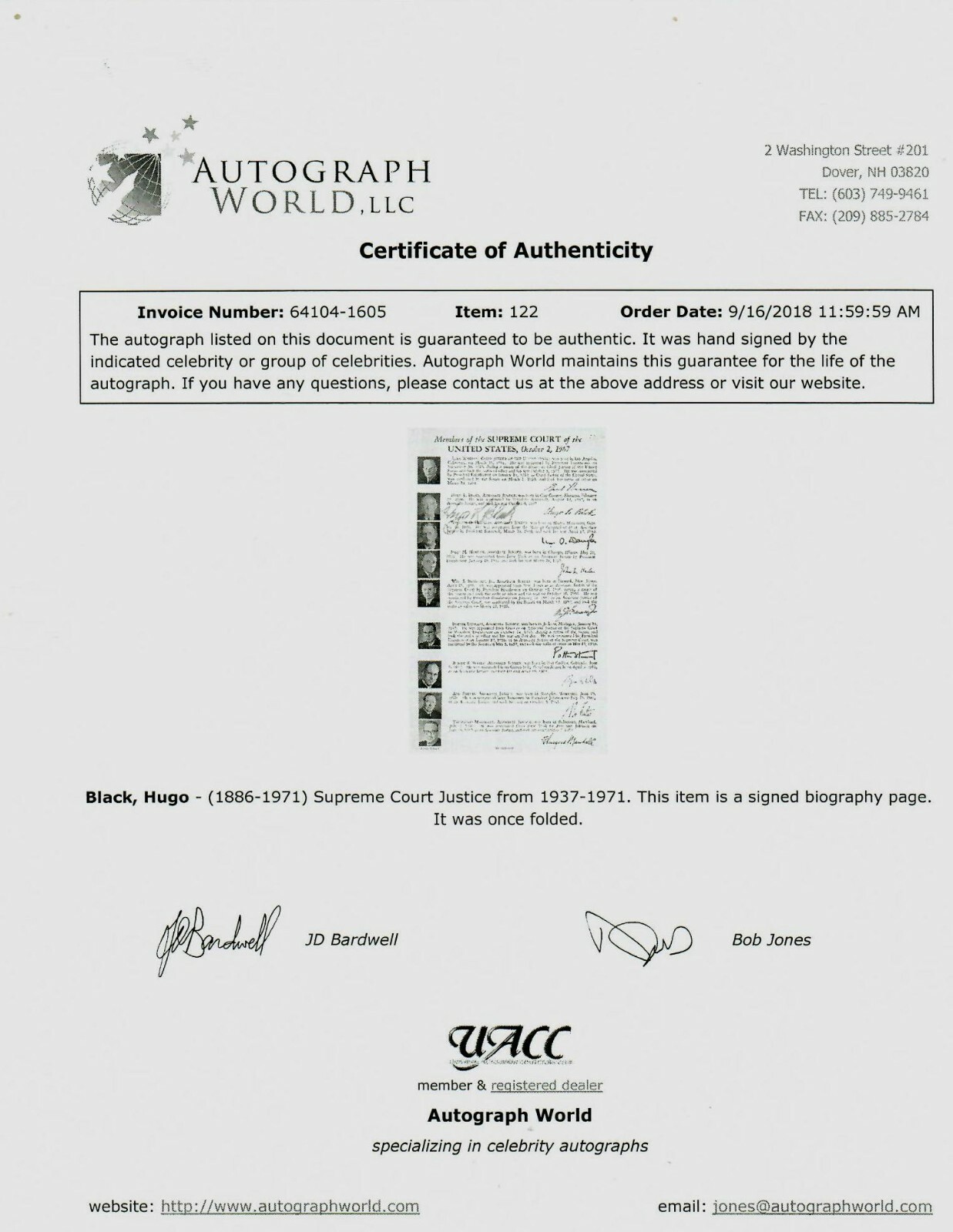 «Supreme Court Justice» Hugo Black Hand Signed Court Biography Sheet COA