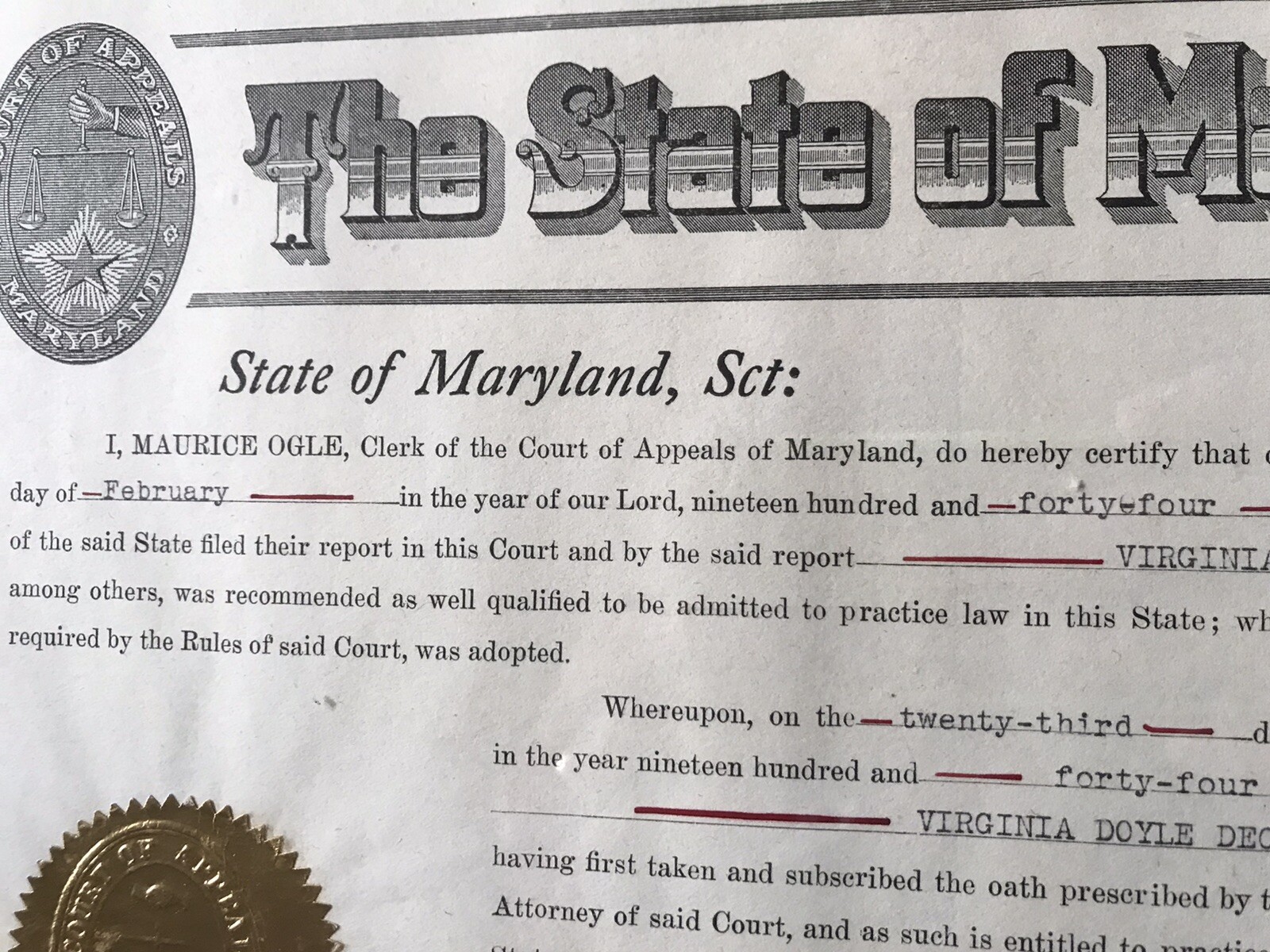 The State Of Maryland LAW DEGREE CERTIFICATE 1944 With Frame