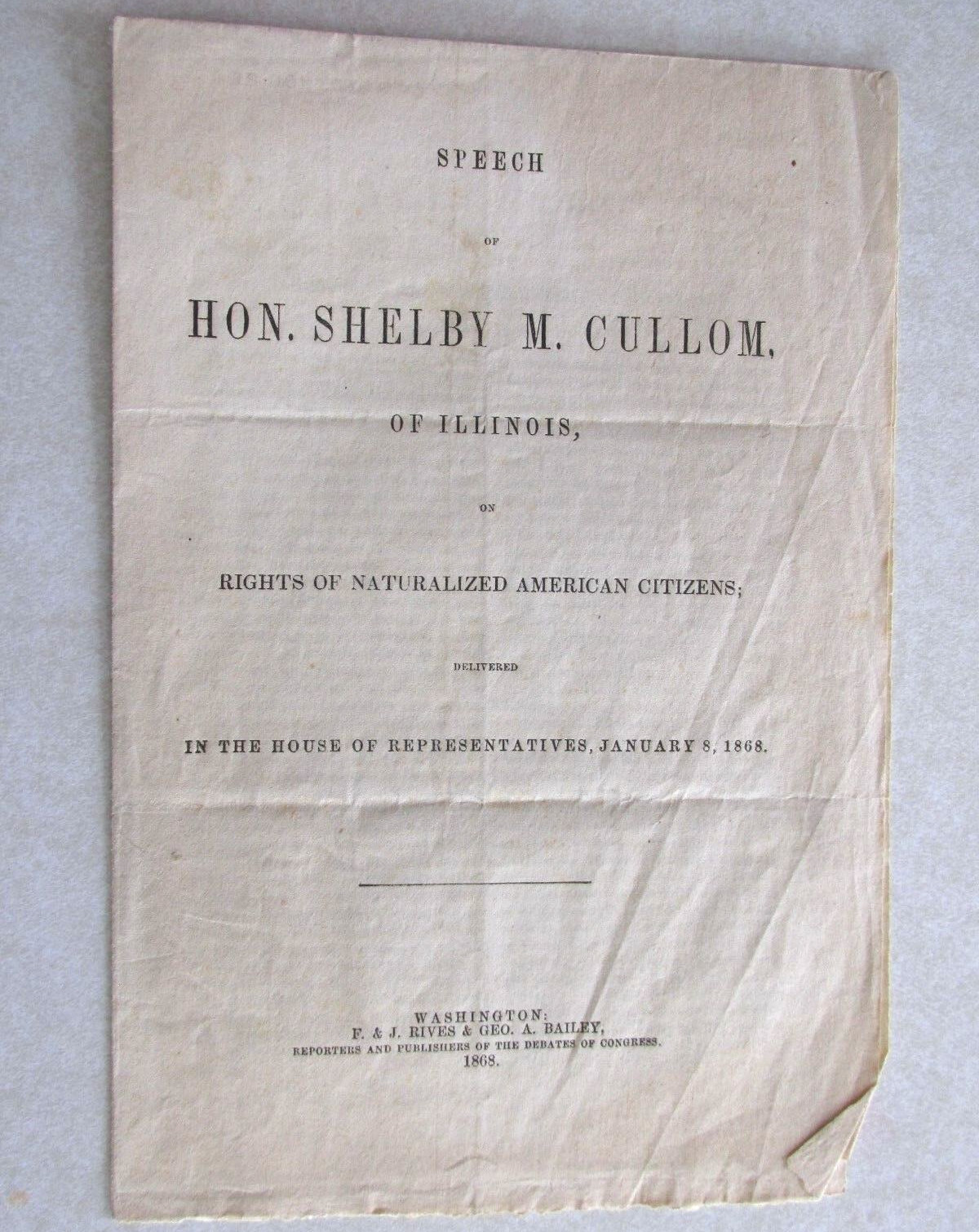 Antique 1868 Speech Cullom IL Illinois Rights of Naturalized American Citizens