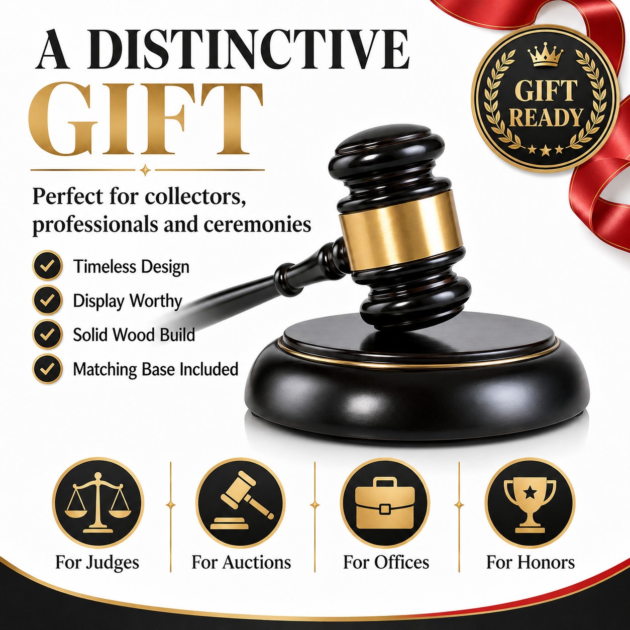 Elegant Wooden Gavel with Sound Block, Auction Meeting Ceremony Display Gift
