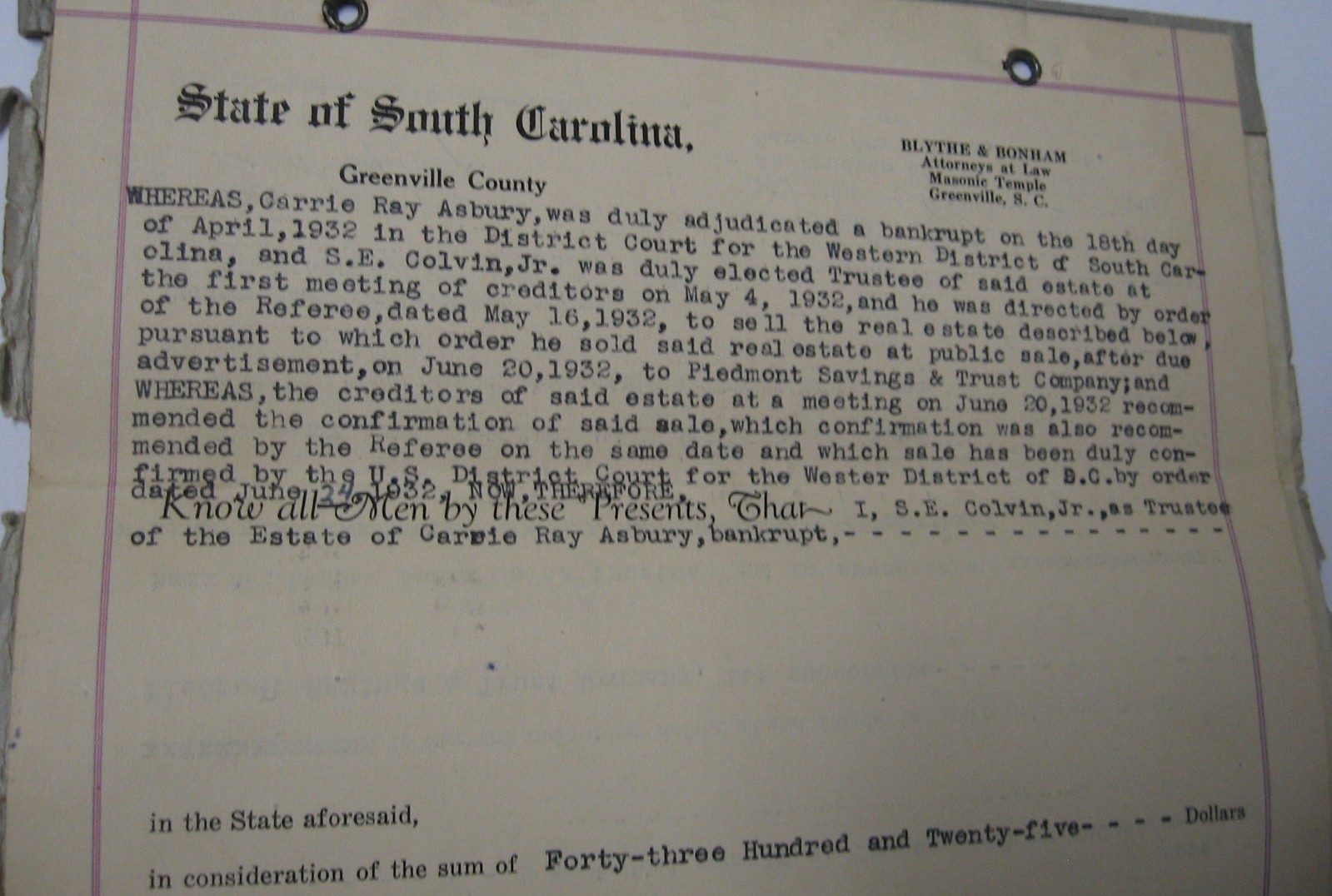 1932 Signed Bankruptcy Document Col. E. M. Blythe Attorney, Greenville, SC