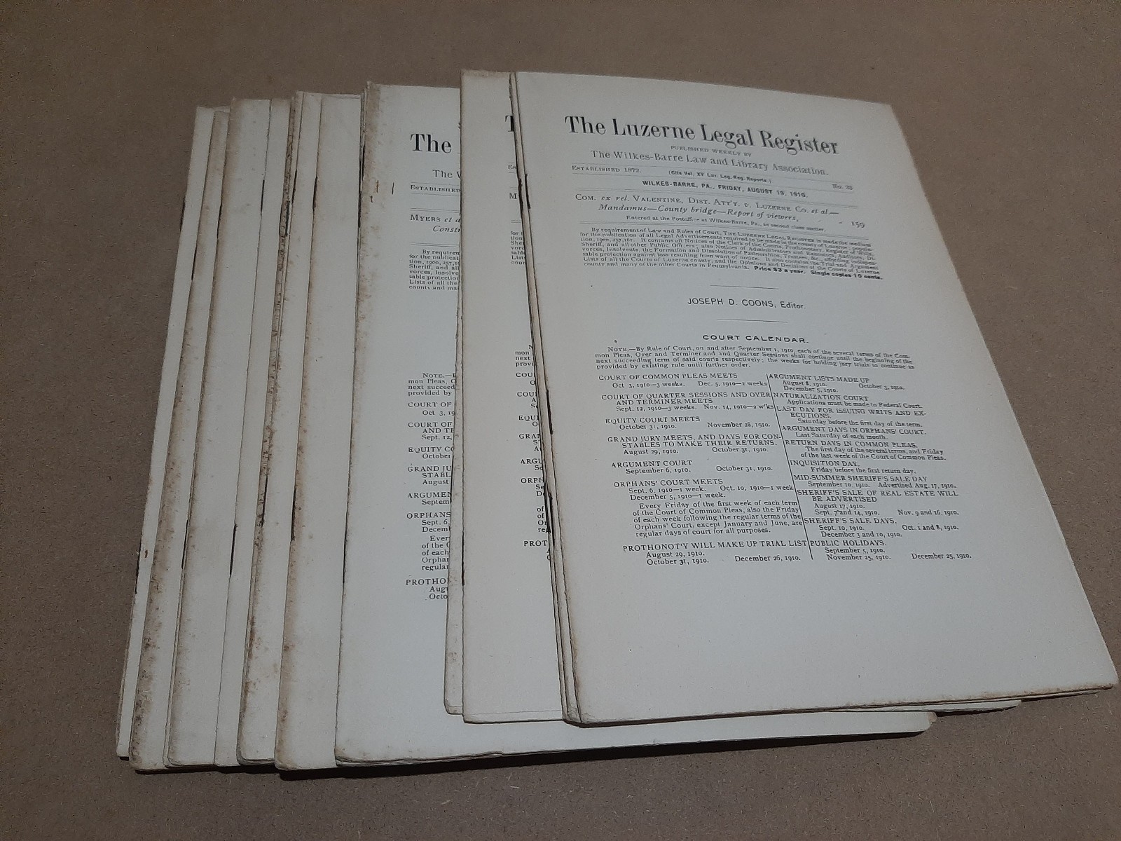LEGAL REGISTER – Luzerne Co. Pennsylvania – 1910 – PA – 22 ISSUES – Wilkes Barre