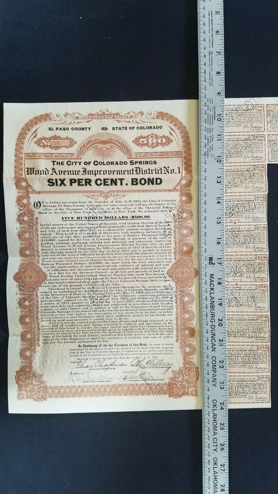 Colorado Springs, July 1910, Original $500 Bond Document