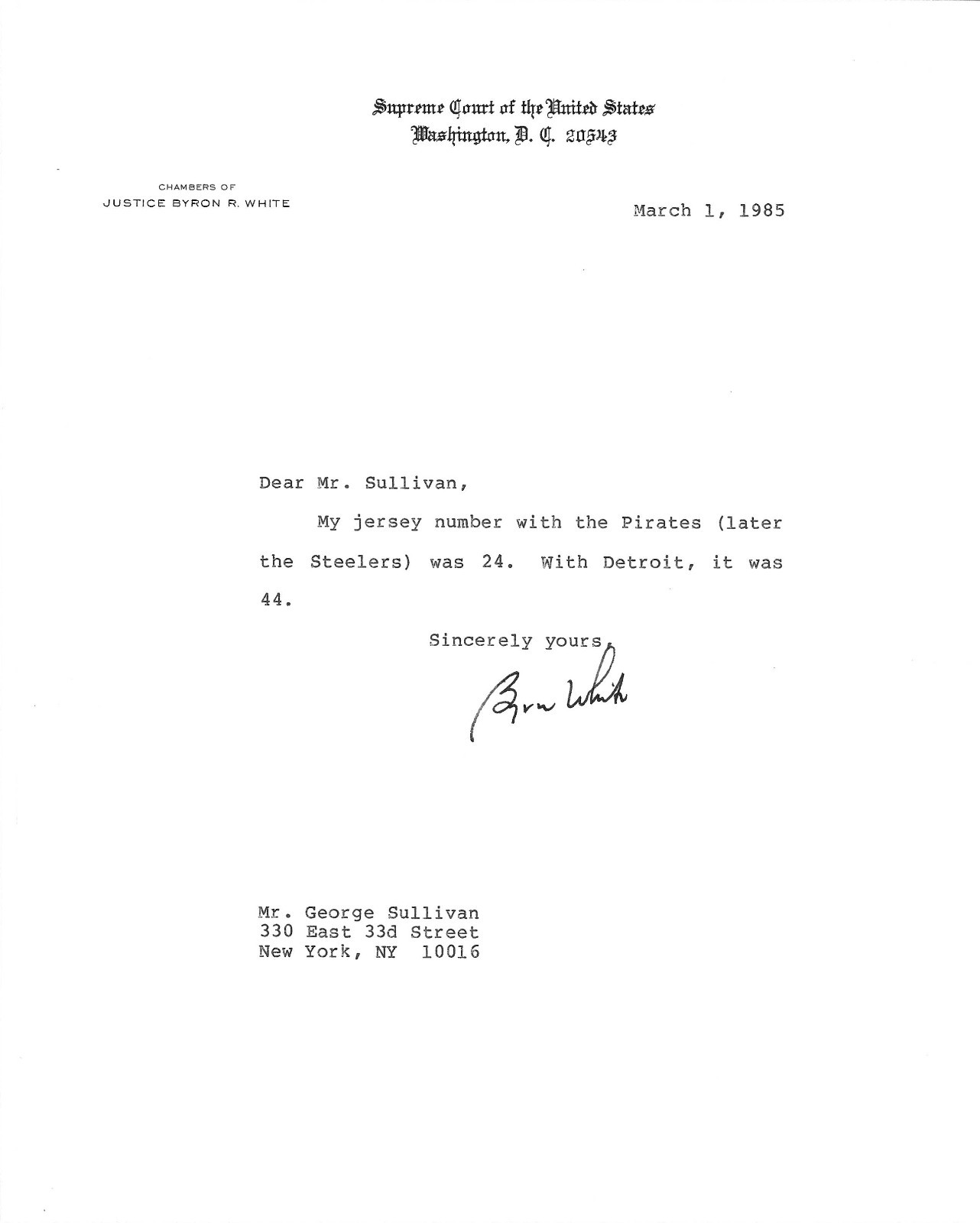 Supreme Court Justice White Comments On Football Career To New York Writer