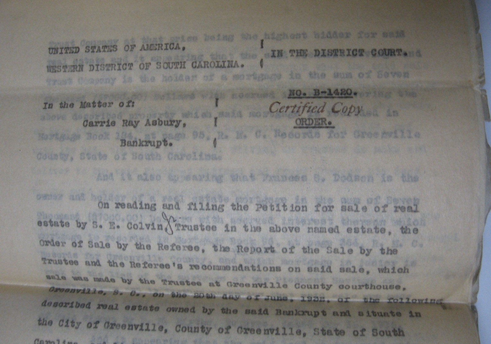 1932 Signed Bankruptcy Document Col. E. M. Blythe Attorney, Greenville, SC