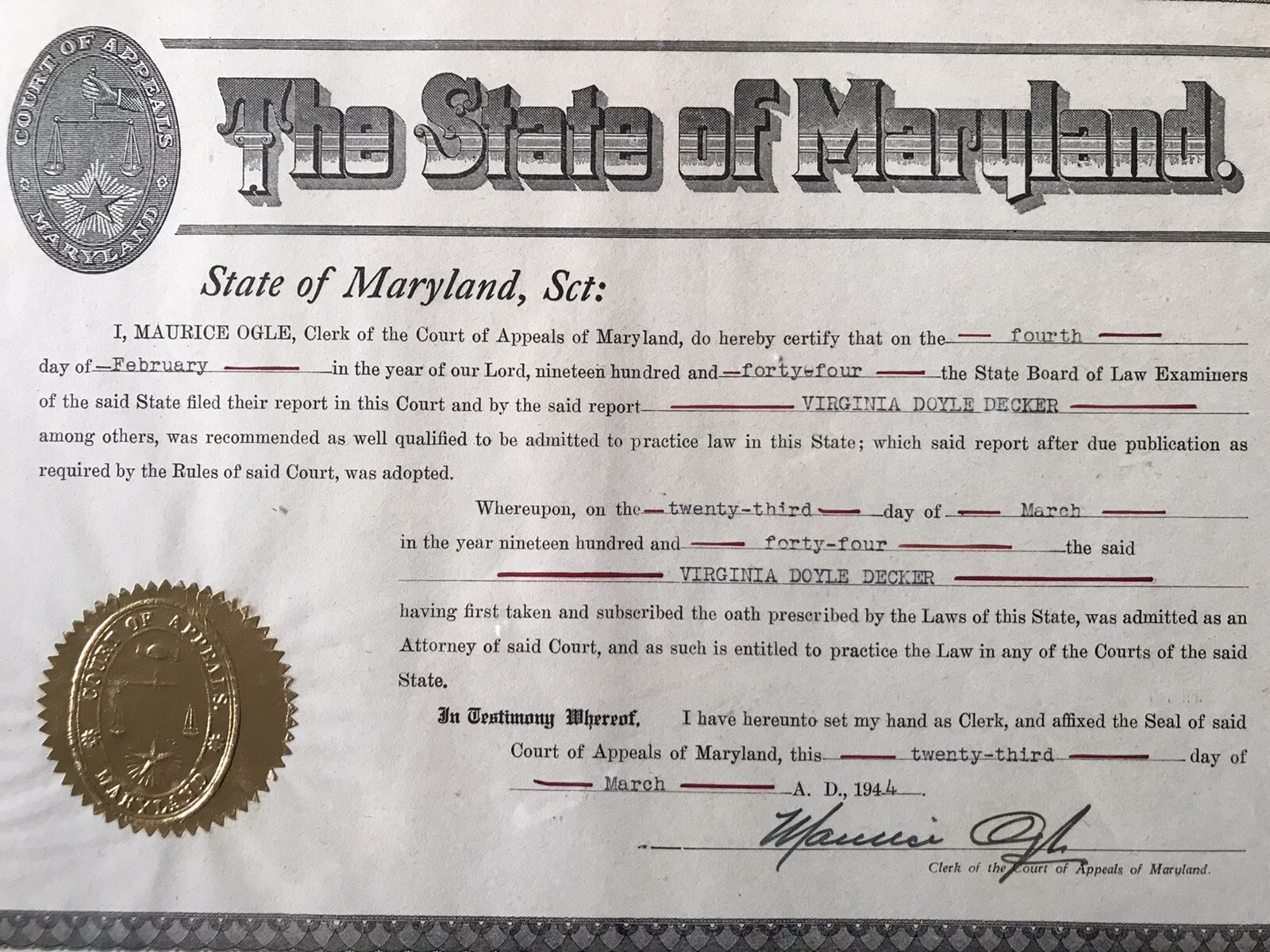 The State Of Maryland LAW DEGREE CERTIFICATE 1944 With Frame