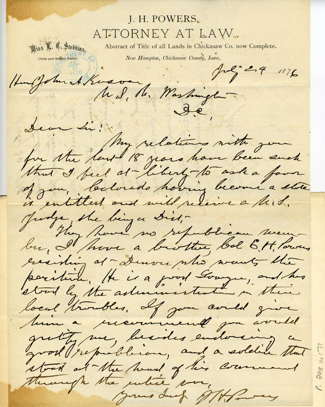 J. H. POWERS – AUTOGRAPH LETTER SIGNED 07/24/1876