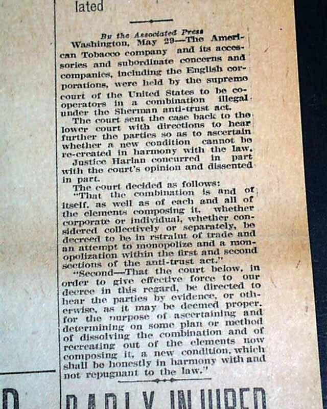 UNITED STATES SUPREME COURT v. American Tobacco Co. Case DECISION 1911 Newspaper