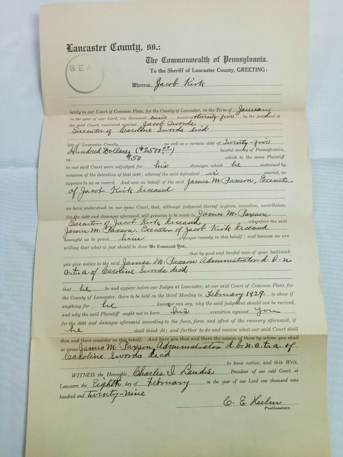 Vintage 1932 Adjudication of Will Little Britain Township Lancaster County of PA