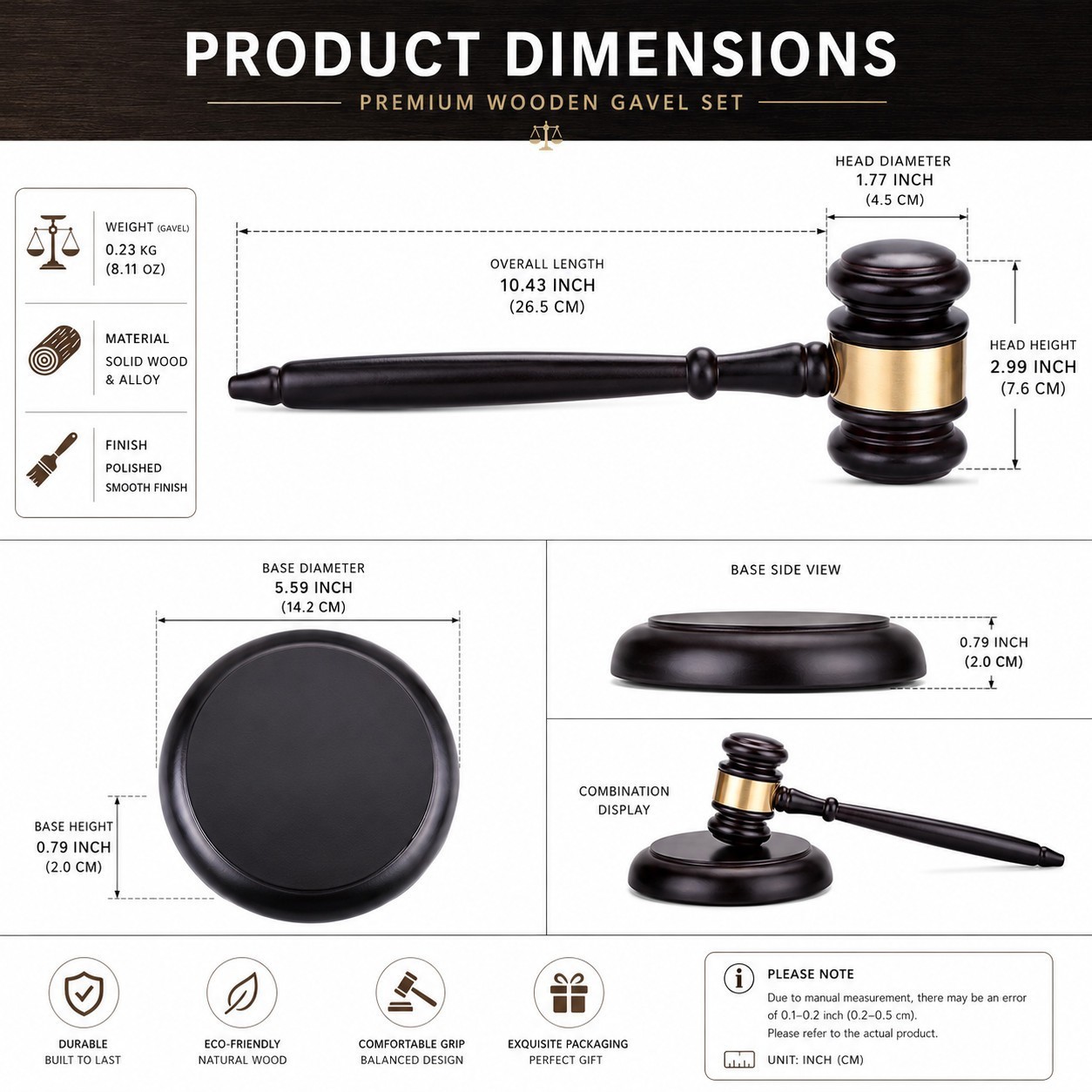 Professional Court Gavel with Round Base, Black Gold Office Desktop Decor Gift