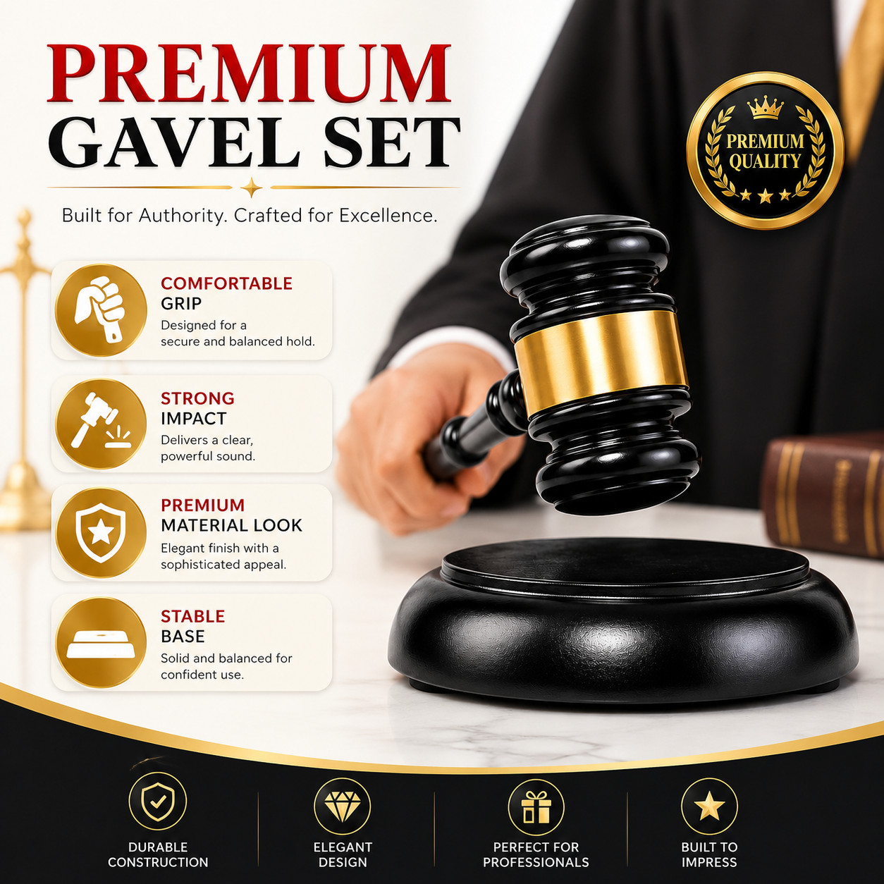 Professional Court Gavel with Round Base, Black Gold Office Desktop Decor Gift