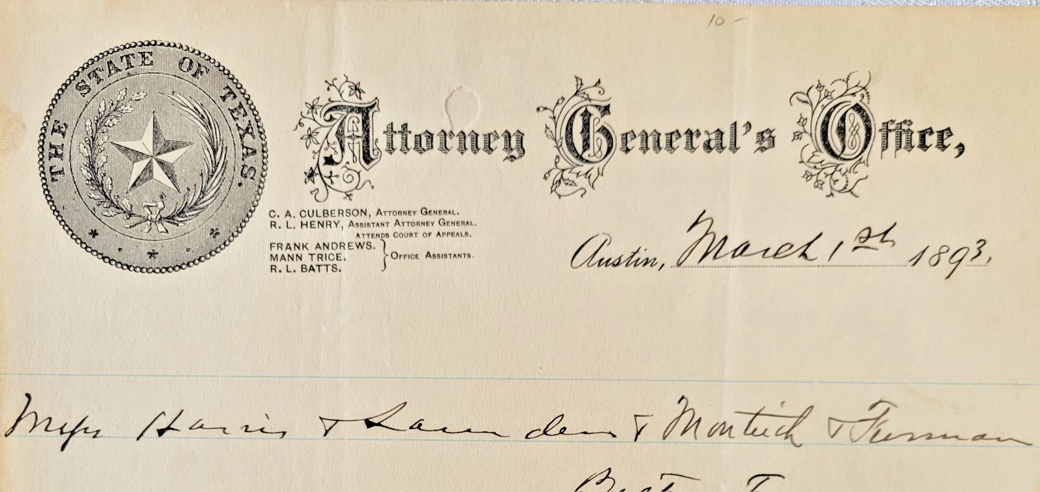 1893 AUSTIN TEXAS letterhead C. A. CUBLERSON R.L. HENRY FRANK ANDREWS