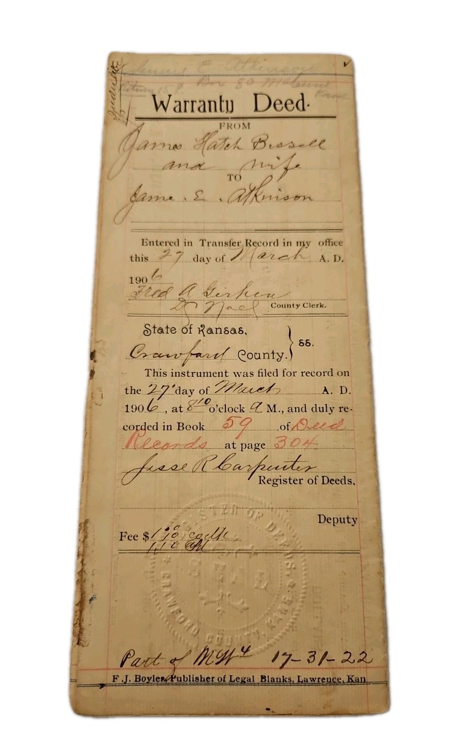 Original antique 1906 McCune KS Crawford County WARRANTY DEED Signed Bissell