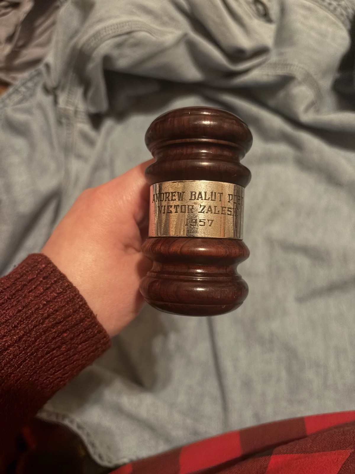 Antique Wooden Gavel with Engraving 1957 Lawyers Andrew Balut Victor Zaleski