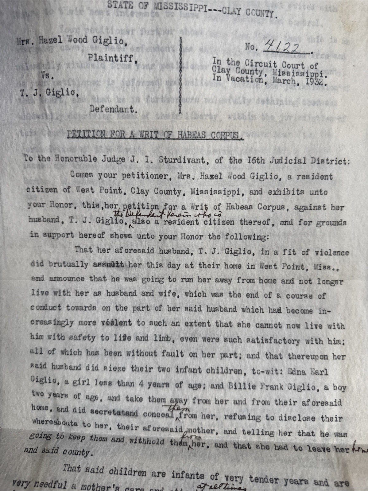 1932 Mississippi Habeas Corpus | Mother Seeks Children After Violent Assault