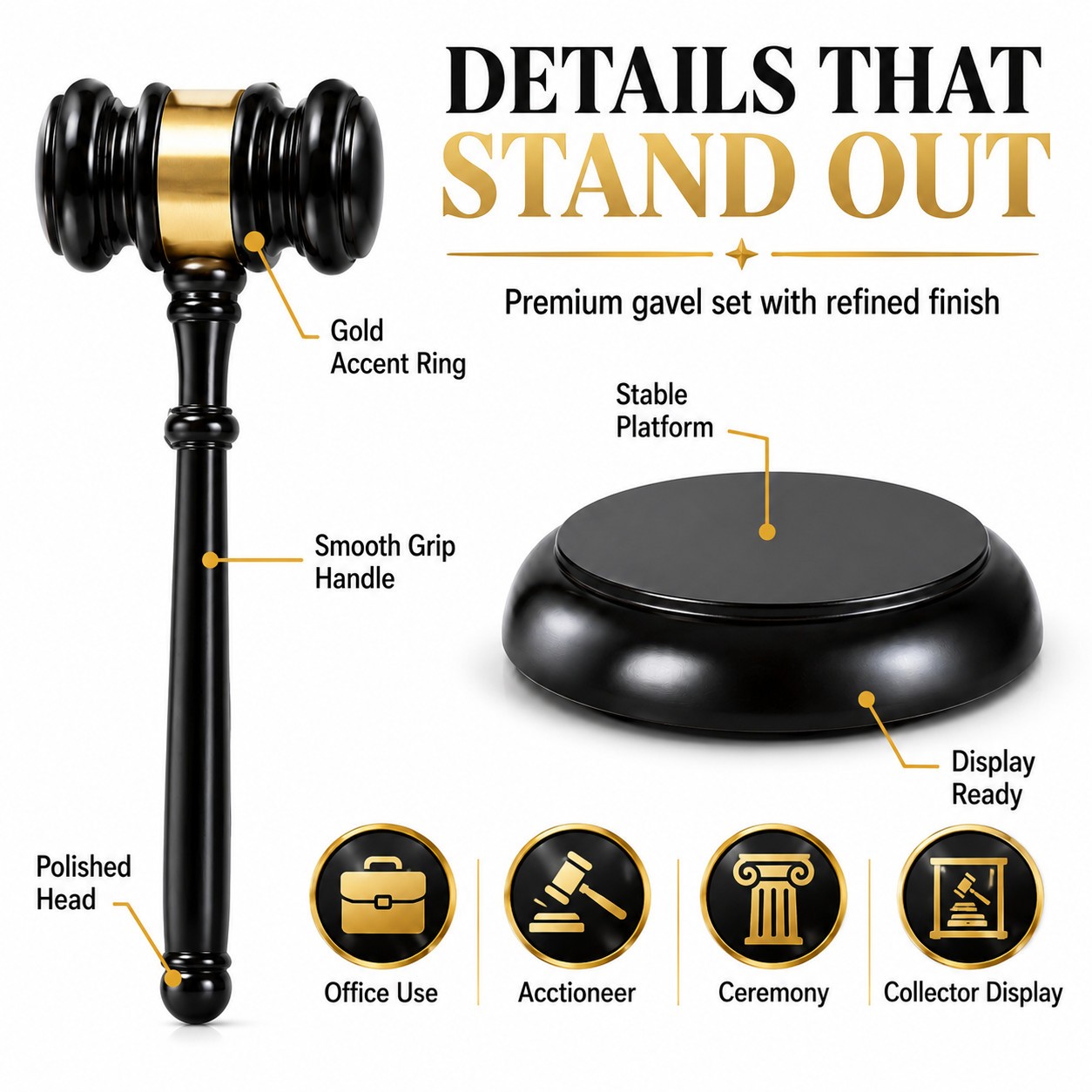 Elegant Wooden Gavel with Sound Block, Auction Meeting Ceremony Display Gift