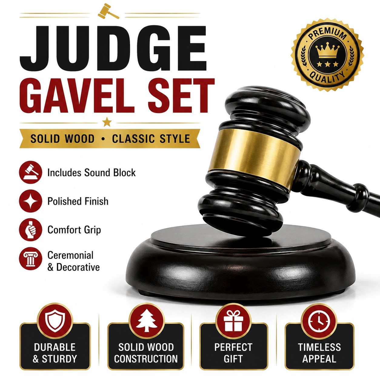 Wooden Judge Hammer Gavel with Round Sound Block for Auction Court Office Use