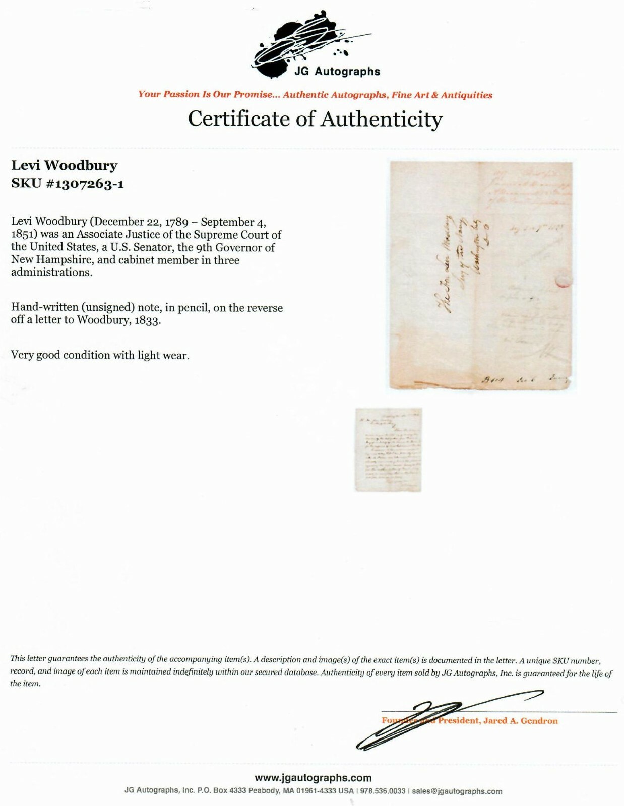 RARE! “Supreme Court Justice» Levi Woodbury Hand Written Letter From 1833 COA